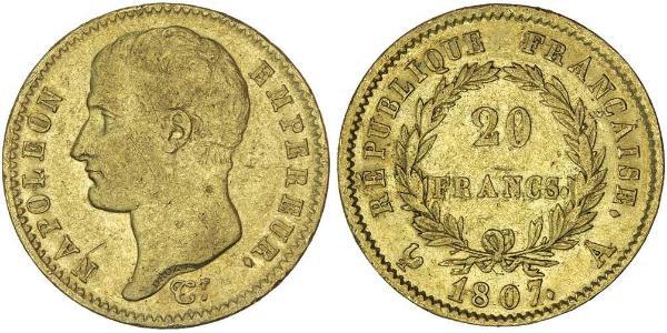 20 Франк Первая Французская империя (1804-1814) Золото Наполеон I(1769 - 1821)