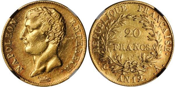20 Франк Перша Французька імперія (1804-1814) Золото Наполеон I Бонапарт(1769 - 1821)