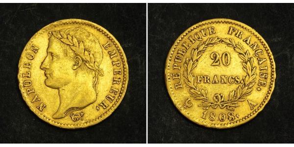 20 Франк Перша Французька імперія (1804-1814) Золото Наполеон I Бонапарт(1769 - 1821)