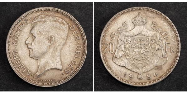 20 Франк Бельгия Серебро Альберт I (король Бельгии) (1875 - 1934)