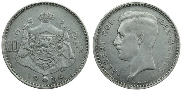 20 Франк Бельгия Серебро Альберт I (король Бельгии) (1875 - 1934)