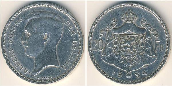 20 Франк Бельгія Срібло Альберт I (король Бельгії)(1875 - 1934)