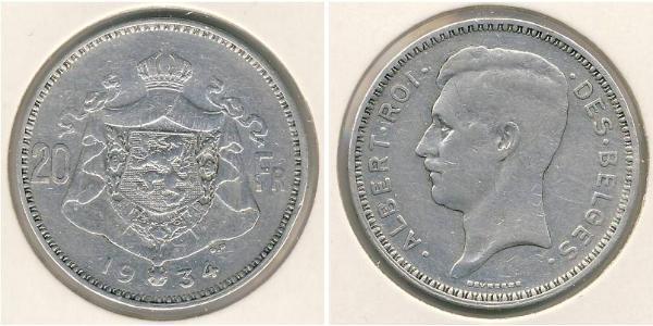 20 Франк Бельгія Срібло Альберт I (король Бельгії)(1875 - 1934)