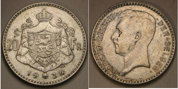 20 Франк Бельгія Срібло Альберт I (король Бельгії)(1875 - 1934)