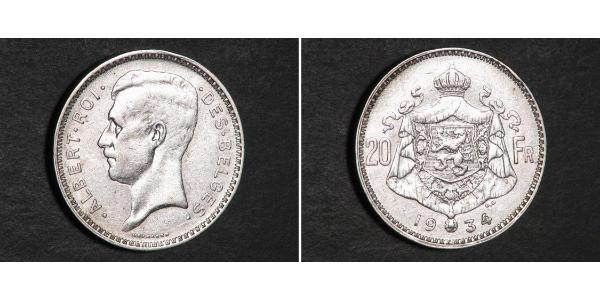 20 Франк Бельгія Срібло Альберт I (король Бельгії)(1875 - 1934)