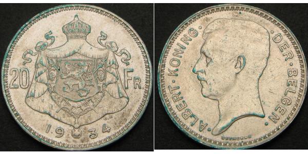 20 Франк Бельгія Срібло Альберт I (король Бельгії)(1875 - 1934)