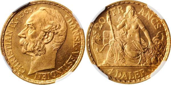20 Франк / 4 Daler Дания Золото Кристиан IX король Дании (1818-1906)