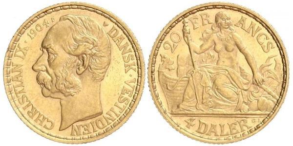 20 Франк / 4 Daler Дания Золото Кристиан IX король Дании (1818-1906)
