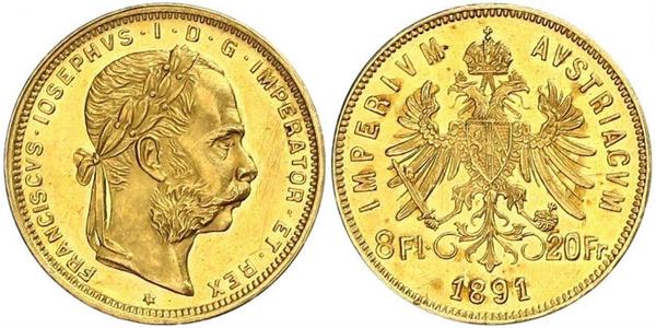 20 Франк / 8 Флорін Австро-Угорщина (1867-1918) Золото Франц Иосиф I (1830 - 1916)