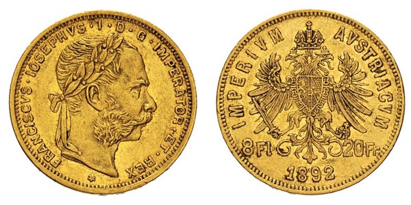 20 Франк / 8 Флорін Австро-Угорщина (1867-1918) Золото Франц Иосиф I (1830 - 1916)