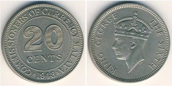20 Цент Малайский Союз (1946 - 1948) Никель/Медь Георг VI (1895-1952)