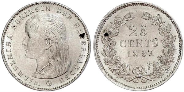 25 Cent Regno dei Paesi Bassi (1815 - ) Argento Guglielmina dei Paesi Bassi(1880 - 1962)