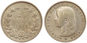 25 Cent Reino de los Países Bajos (1815 - ) Plata Guillermina de los Países Bajos(1880 - 1962)