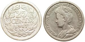 25 Cent Reino de los Países Bajos (1815 - ) Plata Guillermina de los Países Bajos(1880 - 1962)