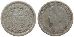 25 Cent Reino de los Países Bajos (1815 - ) Plata Guillermina de los Países Bajos(1880 - 1962)