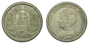 25 Cent Reino de los Países Bajos (1815 - ) Plata Guillermina de los Países Bajos(1880 - 1962)