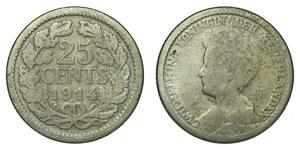 25 Cent Kingdom of the Netherlands (1815 - ) Silver Wilhelmina of the Netherlands (1880 - 1962)