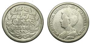 25 Cent Kingdom of the Netherlands (1815 - ) Silver Wilhelmina of the Netherlands (1880 - 1962)