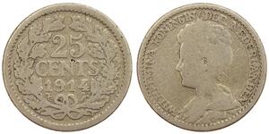 25 Cent Kingdom of the Netherlands (1815 - ) Silver Wilhelmina of the Netherlands (1880 - 1962)