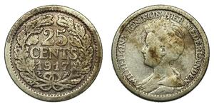 25 Cent Kingdom of the Netherlands (1815 - ) Silver Wilhelmina of the Netherlands (1880 - 1962)