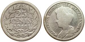25 Cent Kingdom of the Netherlands (1815 - ) Silver Wilhelmina of the Netherlands (1880 - 1962)