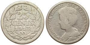 25 Cent Kingdom of the Netherlands (1815 - ) Silver Wilhelmina of the Netherlands (1880 - 1962)