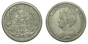 25 Cent Kingdom of the Netherlands (1815 - ) Silver Wilhelmina of the Netherlands (1880 - 1962)