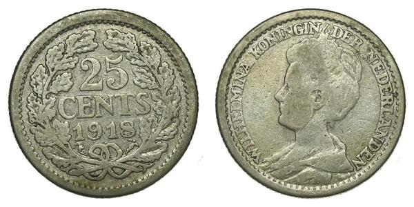 25 Cent Kingdom of the Netherlands (1815 - ) Silver Wilhelmina of the Netherlands (1880 - 1962)
