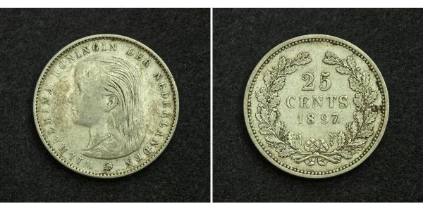 25 Cent Kingdom of the Netherlands (1815 - ) Silver Wilhelmina of the Netherlands (1880 - 1962)