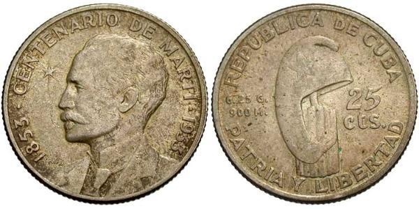 25 Centavo Cuba 銀 