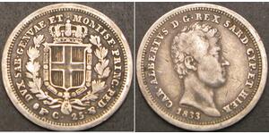 25 Centesimo Italia Plata Carlos Alberto de Cerdeña (1798 - 1849)