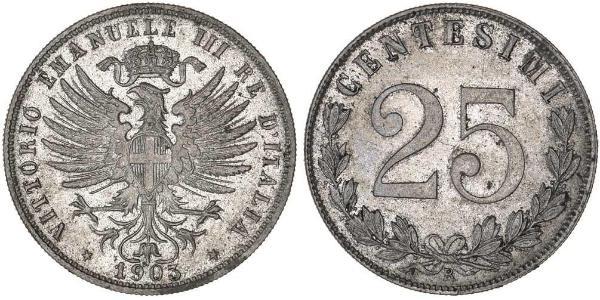 25 Centesimo Kingdom of Italy (1861-1946) Plata Víctor Manuel III de Italia (1869 - 1947)