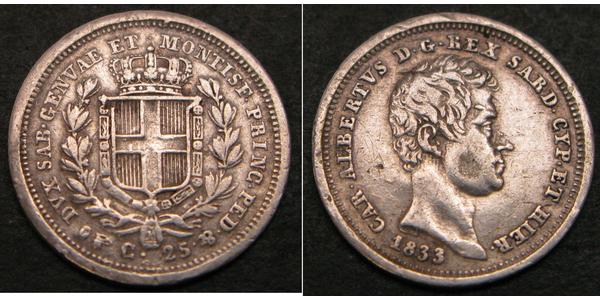 25 Centesimo Italy Silver Charles Albert of Sardinia (1798 - 1849)