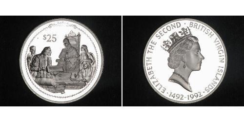 25 Dollar British Virgin Islands Silver Christopher Columbus (1451 - 1506) / Elizabeth II (1926-2022)