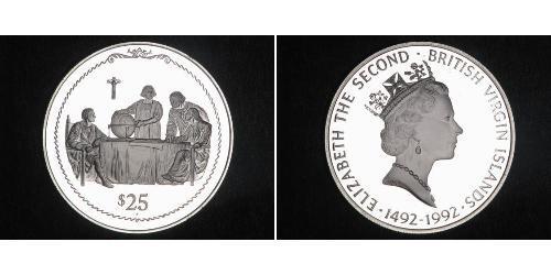 25 Dollar Virgin Islands Silver Christopher Columbus (1451 - 1506) / Elizabeth II (1926-2022)