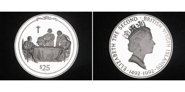 25 Dollar 维尔京群岛 銀 伊丽莎白二世 (1926-2022) / 克里斯托弗·哥伦布
