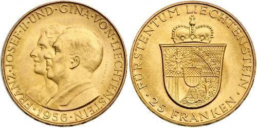 25 Franc Liechtenstein Or Franz Joseph II, Prince of Liechtenstein (1938 - 1989) 