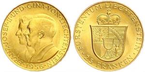 25 Franc Liechtenstein Oro Franz Joseph II, Prince of Liechtenstein (1938 - 1989) 