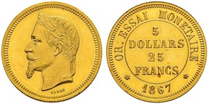 25 Franc / 100 Dollaro Francia Oro Napoleone III (1808-1873)