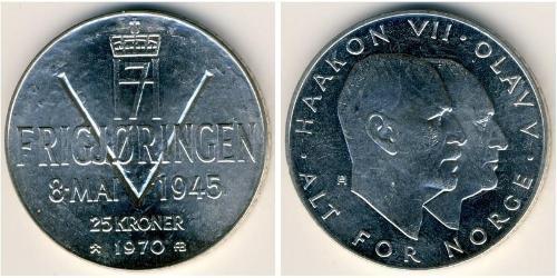 25 Krone Norvège (1905 - ) Argent Olav V de Norvège (1903 - 1991) / Haakon VII de Norvège (1872 - 1957)