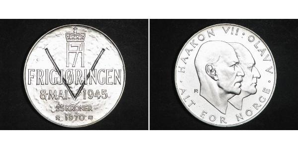 25 Krone Norvège (1905 - ) Argent Olav V de Norvège (1903 - 1991) / Haakon VII de Norvège (1872 - 1957)