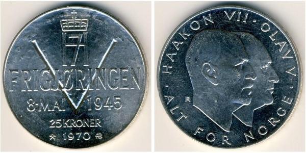 25 Krone Norvegia (1905 - ) Argento Olav V di Norvegia (1903 - 1991) / Haakon VII di Norvegia (1872 - 1957)