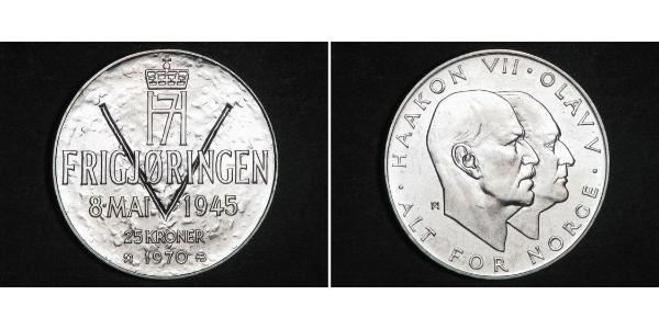 25 Krone 挪威 銀 奥拉夫五世 (1903 - 1991) / 哈康七世  (1872 - 1957)