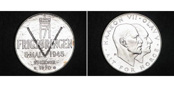 25 Krone 挪威 銀 奥拉夫五世 (1903 - 1991) / 哈康七世  (1872 - 1957)