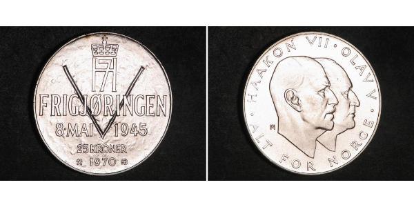 25 Krone 挪威 銀 奥拉夫五世 (1903 - 1991) / 哈康七世  (1872 - 1957)
