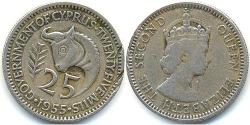 25 Mill British Cyprus (1914–1960) 銅/镍 伊丽莎白二世 (1926-2022)