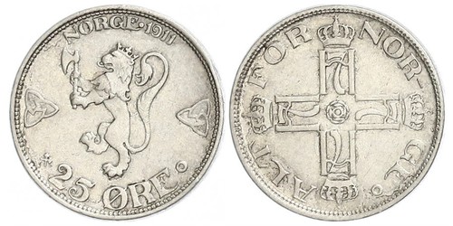 25 Ore Noruega Plata Haakon VII de Noruega (1872 - 1957)