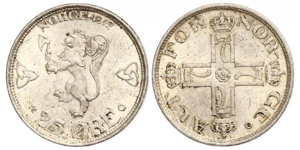 25 Ore Noruega Plata Haakon VII de Noruega (1872 - 1957)