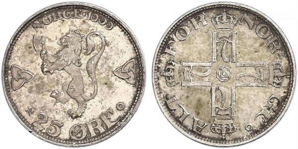 25 Ore Noruega Plata Haakon VII de Noruega (1872 - 1957)