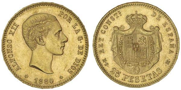 25 Peseta Kingdom of Spain (1874 - 1931) Oro Alfonso XII of Spain (1857 -1885)